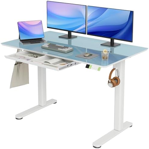 INNOVAR Glass Standing Desk with Drawers 48×24 Inch Morandi Blue