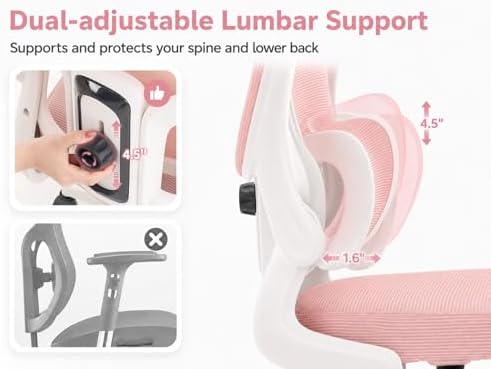Ergonomic Office Chair with Adjustable Headrest & Lumbar Support, High Back Mesh Desk Chair, 330 LBS Capacity Swivel Computer Chair with Flip-Up Arms, Home Office Gaming Chair(Pink)