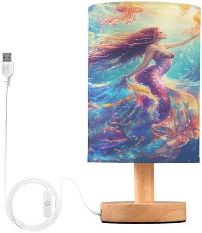 ALAZA Mermaid Jellyfish Funny Beautiful Decor Bedside Table Lamp with USB Port for Bedroom Nightstand Office Desk LED Bulb Included