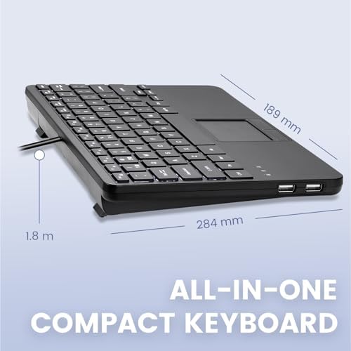 Perixx PERIBOARD-425 US Wired Mini USB Keyboard with Touchpad, X Type Scissor Keys, White Backlit, 2 USB Hubs, Compact 11.18x7.17x1.1 Inches, US English
