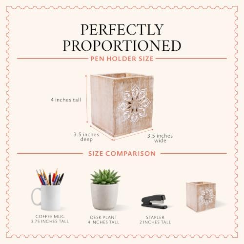Mela Artisans Serena Mango Wood Pen Holder - Whitewash, 4x3.5 in