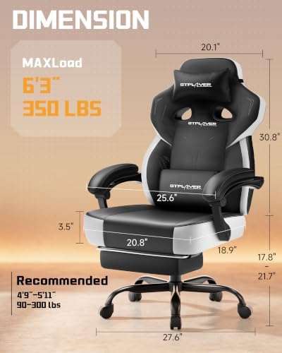 GTPLAYER Big & Tall Gaming Chair, Wide Seat with Footrest, New Black