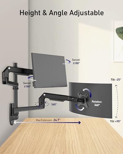 Ergounion Dual Monitor Wall Mount for Flat or Curved Screens up to 38" Within 25 lbs, Adjustable Monitor Arm with Cable Management, VESA 75x75/100x100mm Monitor Mount for 2 Monitors, Black