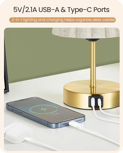 Small Bedside Table Lamps Set of 2, Touch Dimmable Table Lamps with USB Ports, Nightstand Lamps with 2 Stepless Dimming LED Bulbs, E26 Base, for Bedroom, Study, Gold and Beige DE16TLP205