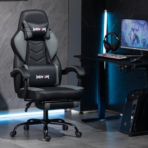 Massage Gaming Chair, Big & Tall with Lumbar Support & Footrest, Grey