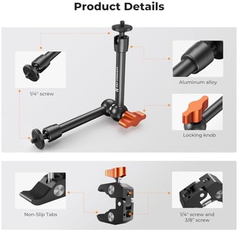 K&F CONCEPT 9.8" Magic Arm Clamp Kit with 1/4" & 3/8" Thread Screw