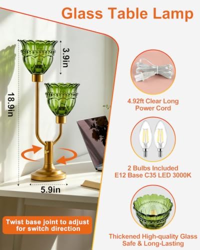 Mid Century Modern Table Lamp Dimmable Green Glass Vintage Lamp