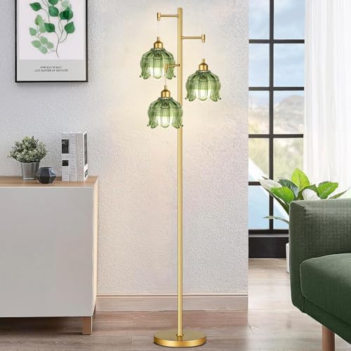 ZECOXOL Vintage Floor Lamps for Living Room Bedroom-3 Light Glass Floor Lamp with Three Led Bulb, Modern Mid Century Standing Lamp Brass Tall Lamp Gold Tree Floor Lamp for Bedroom Corner