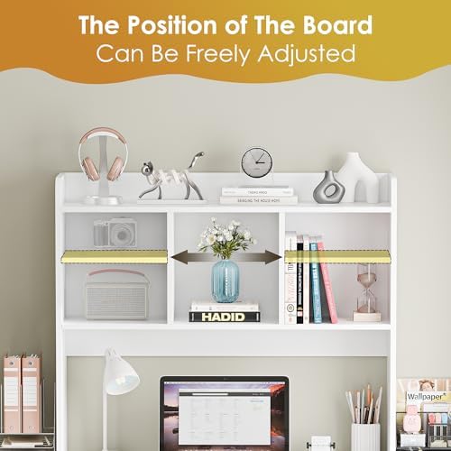 SUPER DEAL Desktop Bookshelf, Countertop Storage Hutch with 4 Shelves for Computer Desk, 2-Tier Display Rack, Multipurpose Wood Desk Hutch Storage Organizer for Home Office Dorm, White