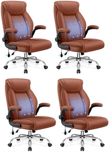 BestGlory Executive Office Chair with Lumbar Support, Big and Tall Ergonomic Computer Desk Chair, Leather Comfy High Back Gaming Chair with Flip Up Arms & Rocking Function for Home Office, Brown