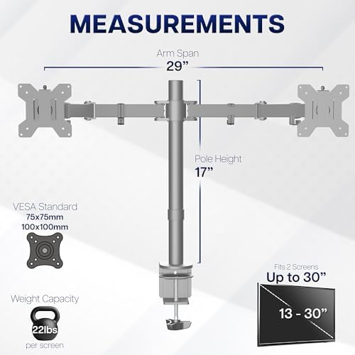 VIVO Dual Monitor Desk Mount, Heavy Duty Fully Adjustable Steel Stand, Holds 2 Computer Screens up to 30 inches and Max 22lbs Each, Gray Color, STAND-V002-GY