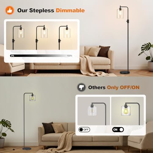 【Upgraded】 Dimmable Floor Lamp for Living Room with Clear Glass Lampshade, Black Modern Glass Floor Lamp with 900LM LED Bulb Included, Arc Standing Tall Lamp for Bedroom, Office, Reading Room, Corner