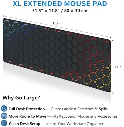 Extended Honeycomb Technology Desk Mat, XL Large Gaming Mouse Pad, Neon-Inlaid Hexagons Stitched Edges Waterproof Non-Slip Rubber Base for Computer Keyboard Laptop Work Home Office 31.5"x11.8"