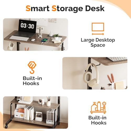 FCH 31.5" Mobile Small Standing Desk, Adjustable Height Mobile Computer Desk, w/2 AC Outlets + 3 USB Ports & Hooks, Storage Shelves, Suitable for Gaming, Studying, Home Office, Gray