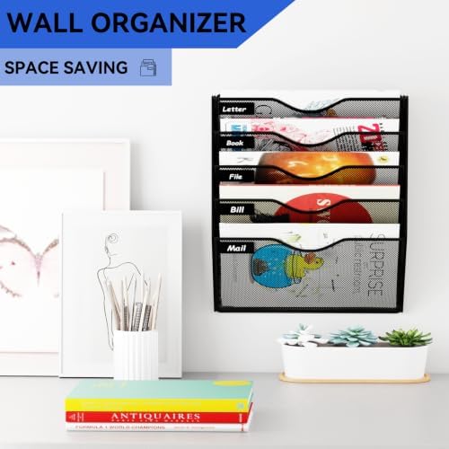 5 Pockets Hanging Wall File Organizer Mail Holder, Wall Mounted Paper Document Folder Holder, Clipboard Storage Organization Magazine Rack, Black