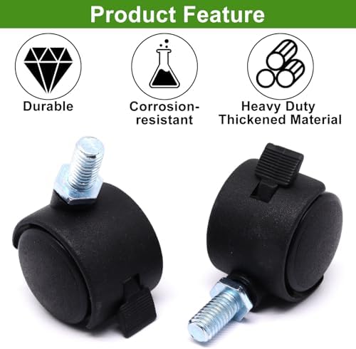 1 Inch Swivel Caster Wheels with Brake, M8 Threaded Swivel Casters Set of 4, Black Nylon Replacement Casters Wheels for Furniture Table Cabinet Office Chair