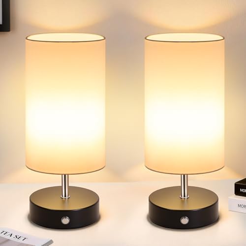2-Pack Cordless Table Lamps, Black Rechargeable Bedside Lamps Dimmable, Portable 6000mAh Battery Operated LED Desk Lamps, Modern Touch Control Wireless Lamps, Small Lamps for Bedroom, White Shade