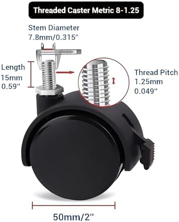 Guildrey Threaded Caster, M8-1.25 Swivel Stem for Replacement, Set of 4 Office Chair Wheels Twin Caster Wheels with Locking Brake