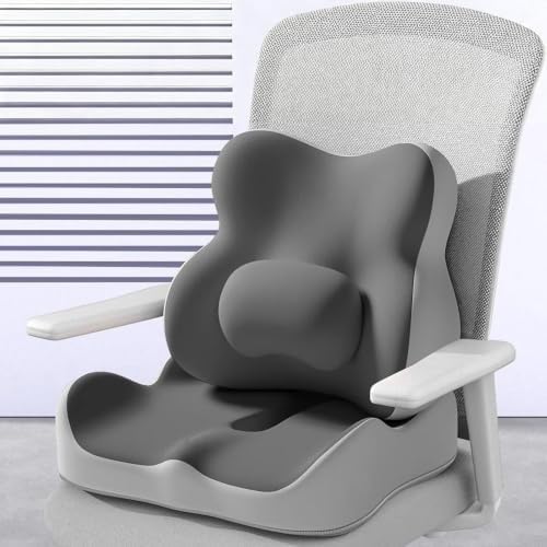 Ergonomic Memory Foam Chair Cushion Set, Seat Cushion with Lumbar Back Pillow for Long Sitting, Tailbone & Lower Back Pressure Relief for Office Home Desk Chair(Gray)