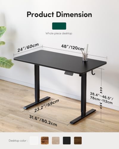 CubiCubi 48 x 24 Large One-Piece Electric Adjustable Standing Desk, Black