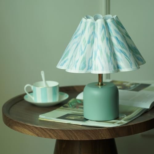 Cute Small Table Lamp, Modern Bedside Nightstand Lamp with Flower Fabric Lampshade,Solid Wood Base Blue Mini Lamp for Bedroom Home Office Decor (Without Buld)
