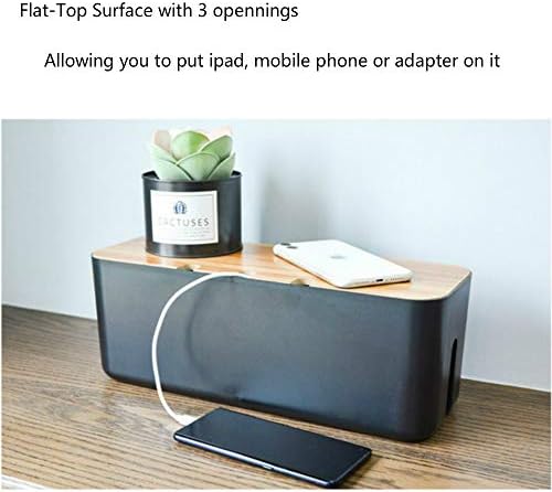 Cable Management Box with Bamboo Lid, Large Power Strip Organizer, Black