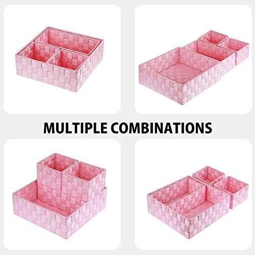 Posprica Woven Storage Baskets for Organizing, Small Baskets Cube Bin Container Tote Organizer Divider for Drawer, Closet, Shelf, Dresser, Set of 4(Pink)