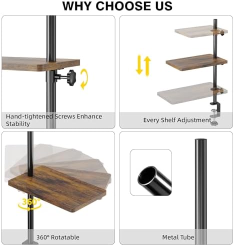 3 Tiers Clamp On Desk Shelf, 360° Angle Adjustable Desktop Shelf Organizer for Home Office Gaming Room, No Drill Desk Extender Adapt to 0.4-2.16 inches Table Thick, Black Brown