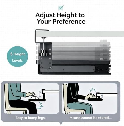 Clamp-On Under Desk Organizer, 360° Swivel Tray & 5-Height Keyboard Tray, No-Drill Mount, Hidden Mouse Pad Storage, Fits 0.59-1.57" Desks, Black/Gray-White, Black, Storage & Keyboard Tray Combo