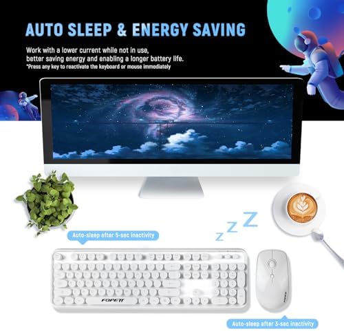FOPETT Wireless Keyboard and Mouse Combo - 2.4G Full-Sized White Keyboard with Round Keycaps 104 Keys Typewriter Keyboard for Laptop/Windows/PC - White