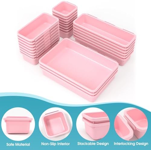 25 PCS Drawer Organizer Set, 4 Size Makeup Drawer Divider Organizer With Non-Slip Pads, Interlocking Plastic Storage Bins for Office,Jewelry Vanity,Gadgets, Bathroom,Kitchen, Pink