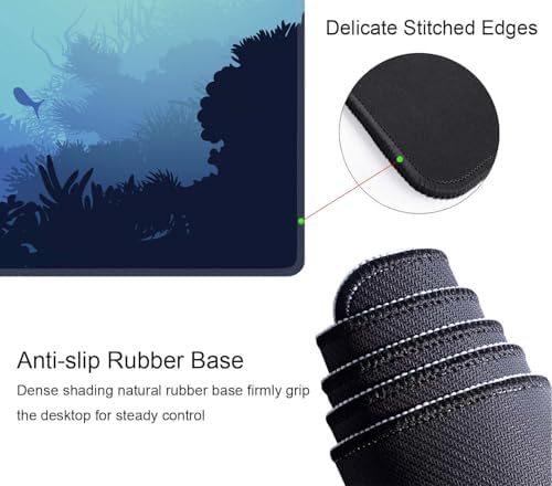 Blue Ocean Big Turtle Gaming Mouse Mat, XL 31.5 x 11.8 Inch Ocean Theme with Turtle Design, Extended Long Thin Desk Pad for Keyboard Mice, Thin Blue Mouse Pad