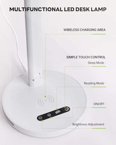 Upgraded LED Desk Lamp with Wireless Charger, Stepless Dimmable Foldable Table Lamp for Home Bedroom Office Sturdy Room, 3 Color Temperatures, Memory Function