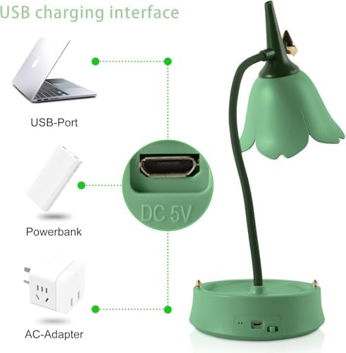 Desk Lamp for Kid, Dimmable LED Table Lamp with 3 Colour Temperatures, Rechargeable Desk Lamp with Touch Sensor and Flexible Arm, USB Bedside Lamp for Reading, Learning, Working (Green)