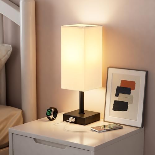 Touch Table Lamp for Bedroom - Dimmable, USB C+A, White Lamphade Black Base