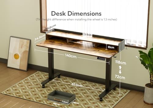 Claiks Standing Desk with Drawers & Wheels, 2 Height Shelf 55" Rustic Brown