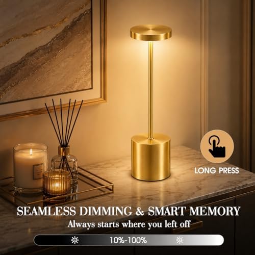 AUDLES Gold Cordless Table Lamps Set of 2, Brass Rechargeable Lamp, Battery Operated Lamps for Wedding Centerpiece & Holiday Tablescape, Touch Dimmable Glam Bedroom Nightstand Lamp, IP54 Waterproof