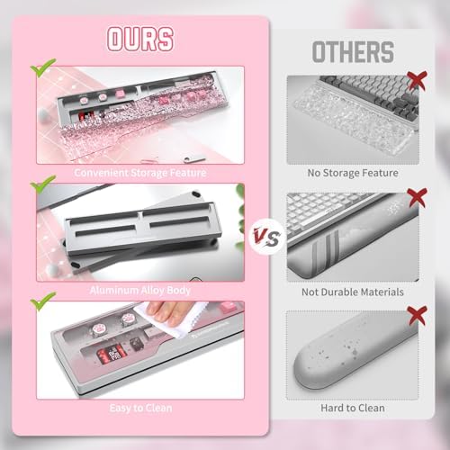 SELORSS x MANBASNAKE 68-key CNC Aluminum Alloy Keyboard Wrist Rest with Partition Storage Case, 2 Acrylic Top Covers, Ergonomic Non-Slip Support for TKL Mechanical Keyboard, Ideal for Office/Home-Pink