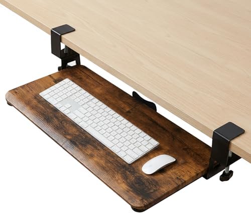 Under‑Desk Clamp Keyboard Tray, 26.77" Slide‑Out Tray,Mahogany