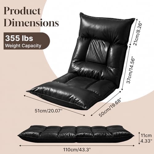 Floor Chair with Back Support, 42-Position Adjustable Gaming Chair for Adults, Faux Leather Floor Lounger, Reading Chairs with Neck Support, Foldable Floor Seat for Sleeping, Gaming (Black)