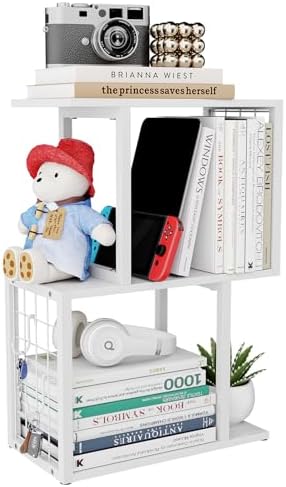 Small Desktop Bookshelf Organizer, White 3-Tier Desk Shelf with Metal Hook Workspace Organizers for Desk Organization and Office Storage Table Bookcase