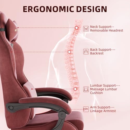 Ferghana Velvet Fabric Gaming Chair, Ergonomic Gamer Chair for Adult, Comfortable Video Game Chair with Footrest and Massage Lumbar Cushion, Racing Reclining Office Home Computer Desk Chair Red