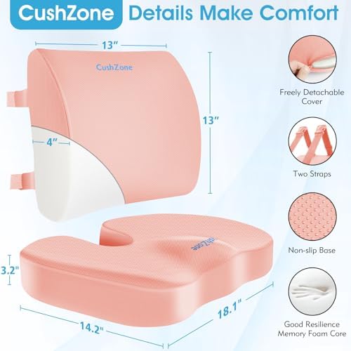 CushZone Seat Cushion and Lumbar Support Pillow for Office Chair, Pink