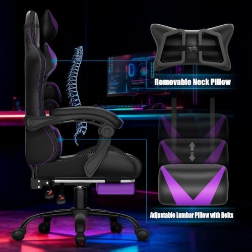 Czlolo Gaming Chair, RGB LED Lights Computer Chair with Footrest, Lumbar Support Massager Gamer Chair, High Back, 90-135° Reclining, Linkage Armrests, Purple