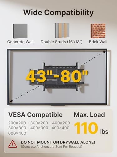 monTEK Long Arm TV Wall Mount for Most 43-80 Inch TVs, Up to 110 lbs