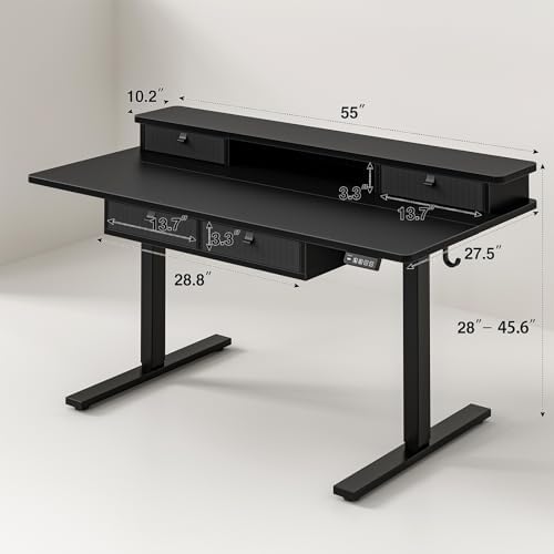 Grandder Electric Standing Desk with Four Drawers, Sit to Stand Up Height Adjustable Desk with Storage Shelf for Home Office, 55 * 28 Inch, Study, Ergonomic Adjustable Computer Desk, Black