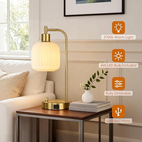 Cream Glass Table Lamps Set of 2, Dimmable Bedside Lamps for Living Room