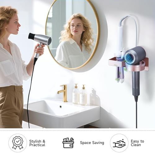 Hair Dryer Holder Wall Mounted, Hair Straightener Holder, Blow Dryer Holder Adhesive, Hair Tool Organizer for Flat Iron, Hairdryer, Curling Iron Holder for Bathroom Vanity Barber Shop (Rose Gold)
