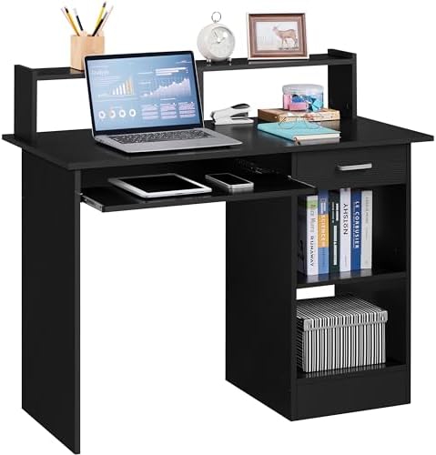 Yaheetech Computer Desk with Keyboard Tray, Drawers, and Shelves, Black