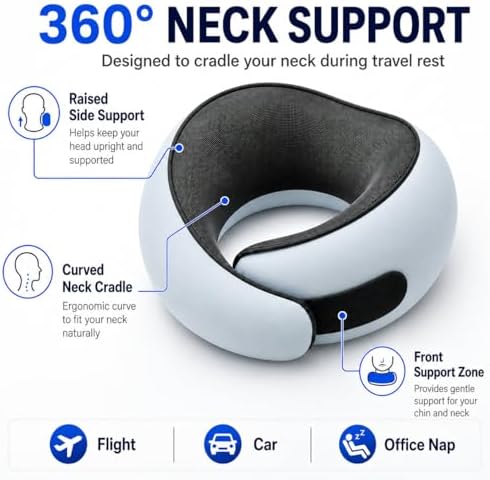Travel Neck Pillow for Airplanes, Pure Memory Foam Neck Pillow with Washable Cover and Storage Bag, Ergonomic 360° Support for Sleeping, Car, Office, Home, Light Blue